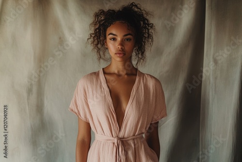 A young woman with curly hair stands confidently in a pink, loose-fitting dress against a neutral backdrop.