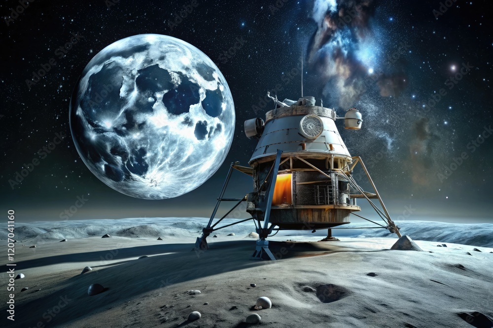 Obraz premium Abandoned spacecraft on the moon's surface with a full moon in the background, moon, geological