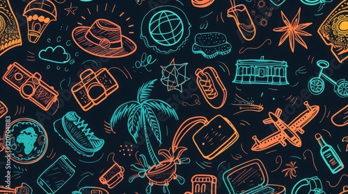 Travel Icons Seamless Pattern with Camera, Plane, and World Globe