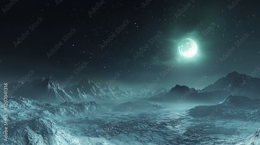 Naklejka premium Celestial landscape icy mountains digital art nighttime scene wide-angle view ethereal beauty