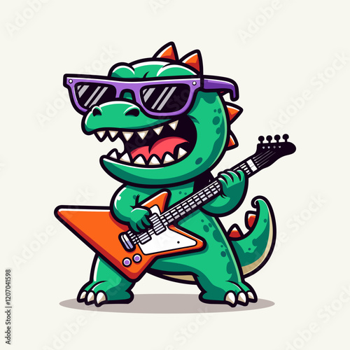 Little monster dinosaur playing electric guitar illustration