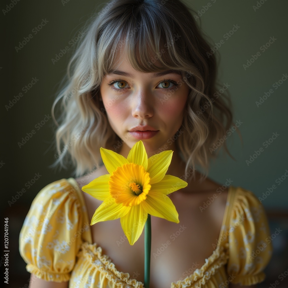 Young woman holds a daffodil flower, salt and pepper hair, retro dress. head and torso portrait. Young woman holds a daffodil flower, salt and pepper hair, retro dress. head and torso portrait.