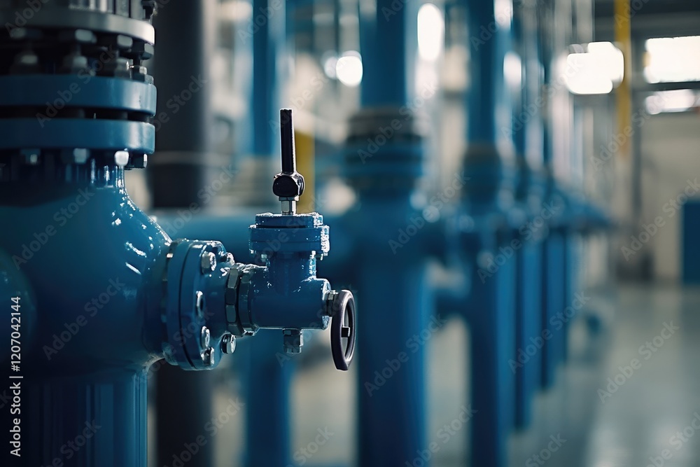 Close-up view of several pressure gauges mounted on a system of blue pipes. Close-up view of several pressure gauges mounted on a system of blue pipes.