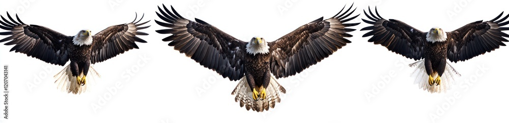 Naklejka premium Three different angles of an eagle in flight, against a white background, showing the full body with spread wings, in a photorealistic style