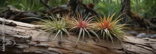 Air plant species growing on a fallen log in the Everglades, foliage, mosses, wildflowers photo