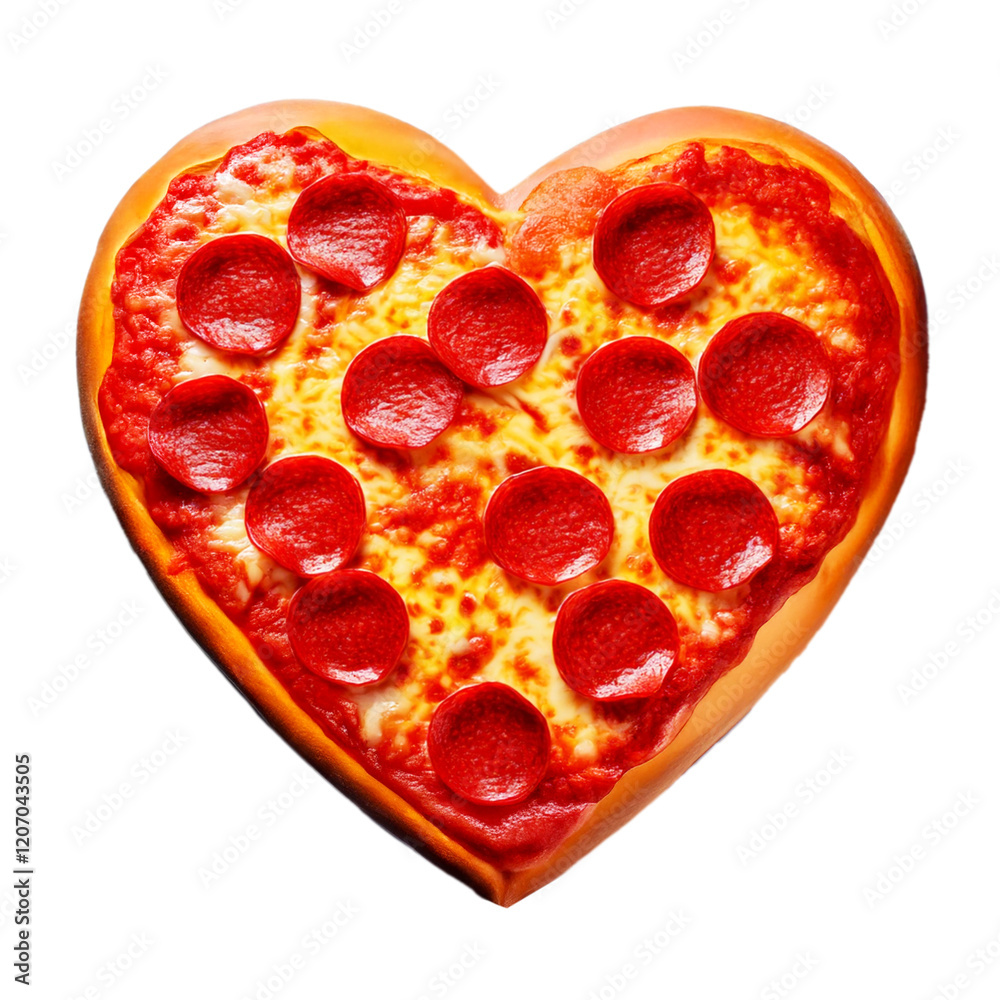 A heart-shaped pizza topped with pepperoni and melted cheese, naturally lit. A heart-shaped pizza topped with pepperoni and melted cheese, naturally lit.