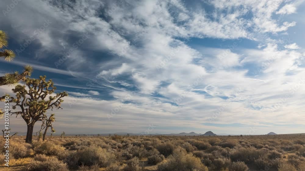 timelapse of white clouds moving in sunny bright sky over Mojave Desert landscape with Joshua trees timelapse of white clouds moving in sunny bright sky over Mojave Desert landscape with Joshua trees