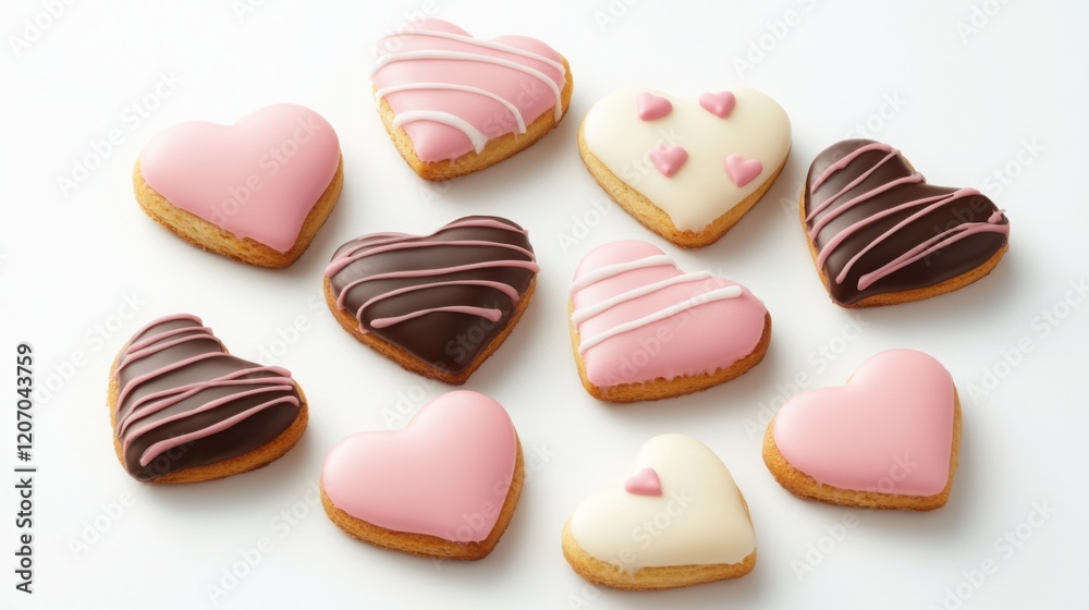 Obraz premium A delightful assortment of heart-shaped cookies featuring pink and chocolate icing, perfect for celebrations or sweet gifts.