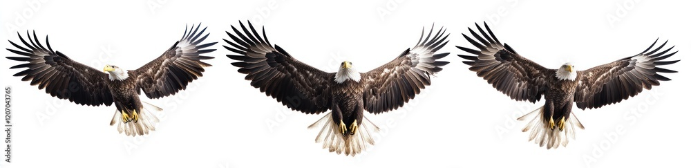 Fototapeta premium Three panels of an eagle flying in different poses, white background, photorealistic