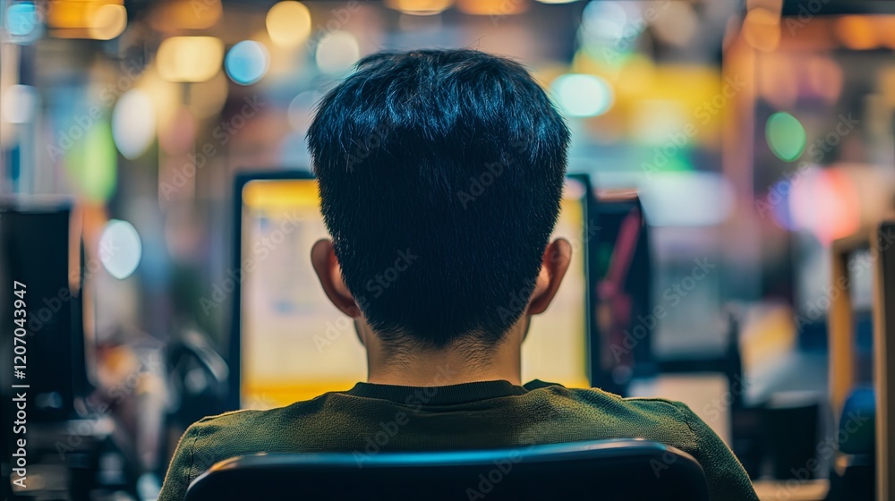 Person with Poor Posture at Desk, Focused on Hunched Back and Tense Neck, Symbolizing Negative Impact on Productivity and Health in Office Environment Person with Poor Posture at Desk, Focused on Hunched Back and Tense Neck, Symbolizing Negative Impact on Productivity and Health in Office Environment
