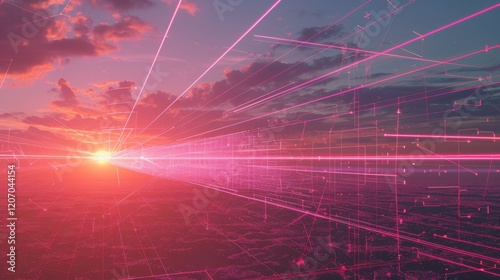 Abstract Pink Data Stream Sunset with Clouds