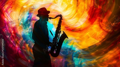 Saxophone Player Silhouette with Colorful Abstract Background