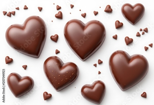 Set with delicious heart shaped chocolate candies on white background