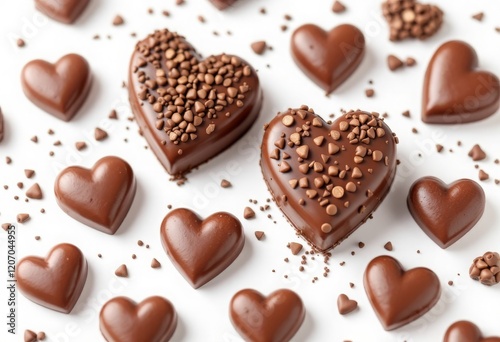 Set with delicious heart shaped chocolate candies on white background