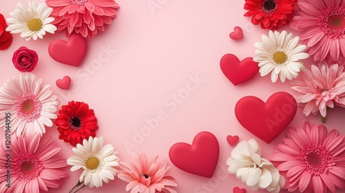 A vibrant arrangement of pink and red flowers, accompanied by heart-shaped decorations, set against a soft pink background.