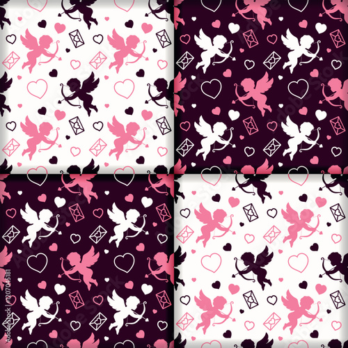 Valentines seamless patterns in imperial purple and pink colors. Cupid and hearts. Romantic and love background. Valentine's day design