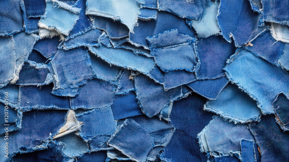 Textured Fabric Pieces in Various Shades of Blue, Ideal for Fashion, Crafting, and Design Projects Featuring Denim Textile Scraps in Artistic Composition