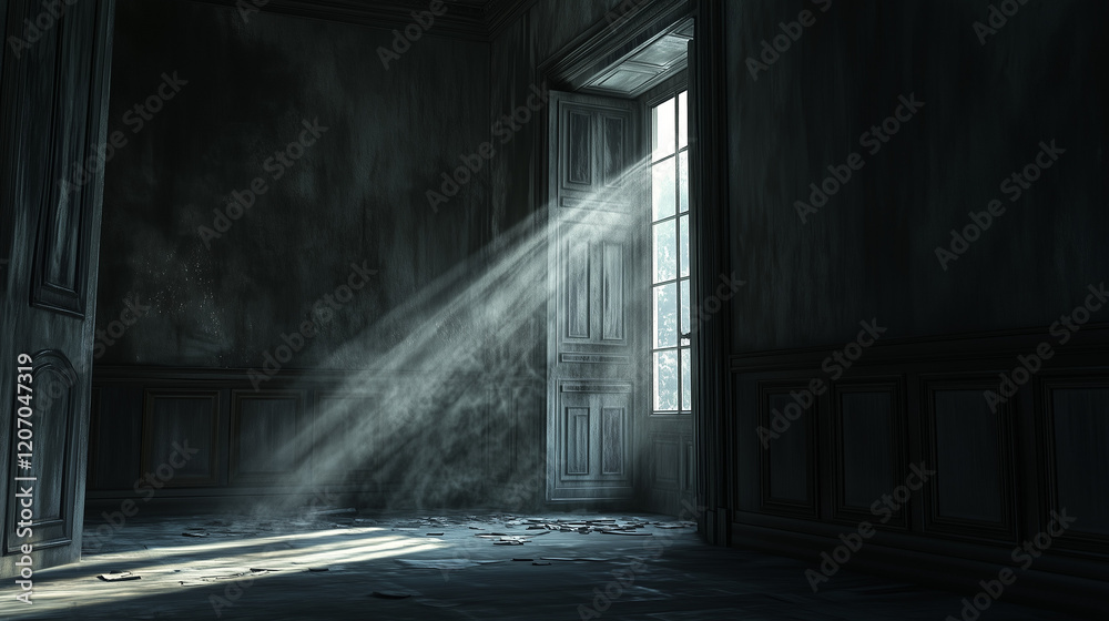Empty door opened light. Light shining through open door 3D realistic Illustration Empty door opened light. Light shining through open door 3D realistic Illustration
