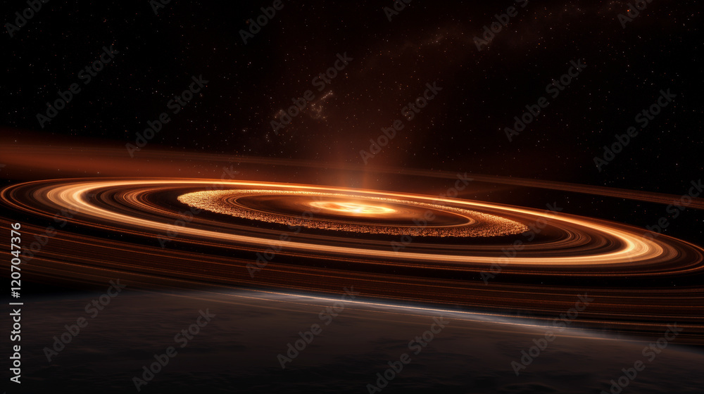 Fototapeta premium Distant planet with stunning rings and cosmic backdrop illuminated by stars. Generative AI