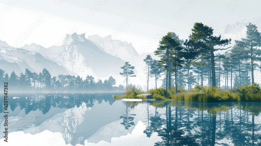 Naklejka premium Misty Mountain Lake with Pine Trees and Reflection in Fog