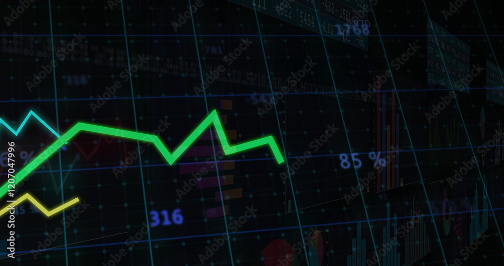 Image of statistics and digital data processing over grid on black background