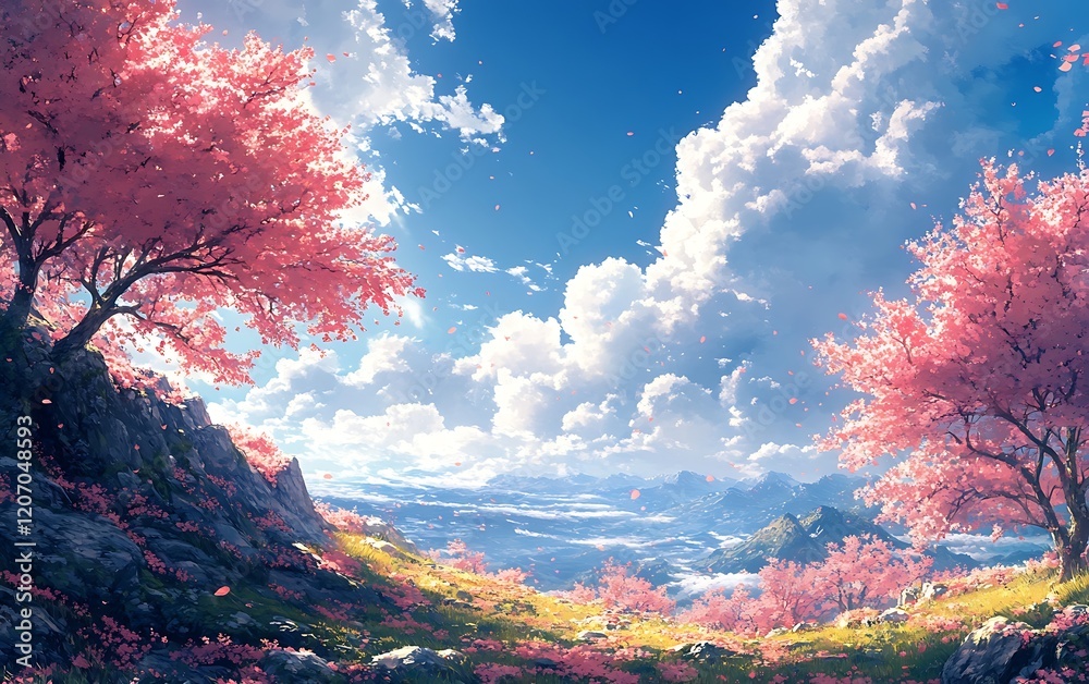 Dreamy Spring Anime Scenery Bright Sky, Cherry Blossoms