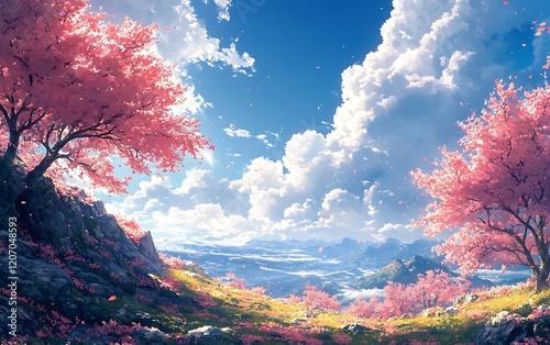 Obraz na płótnie Dreamy Spring Anime Scenery Bright Sky, Cherry Blossoms w salonie