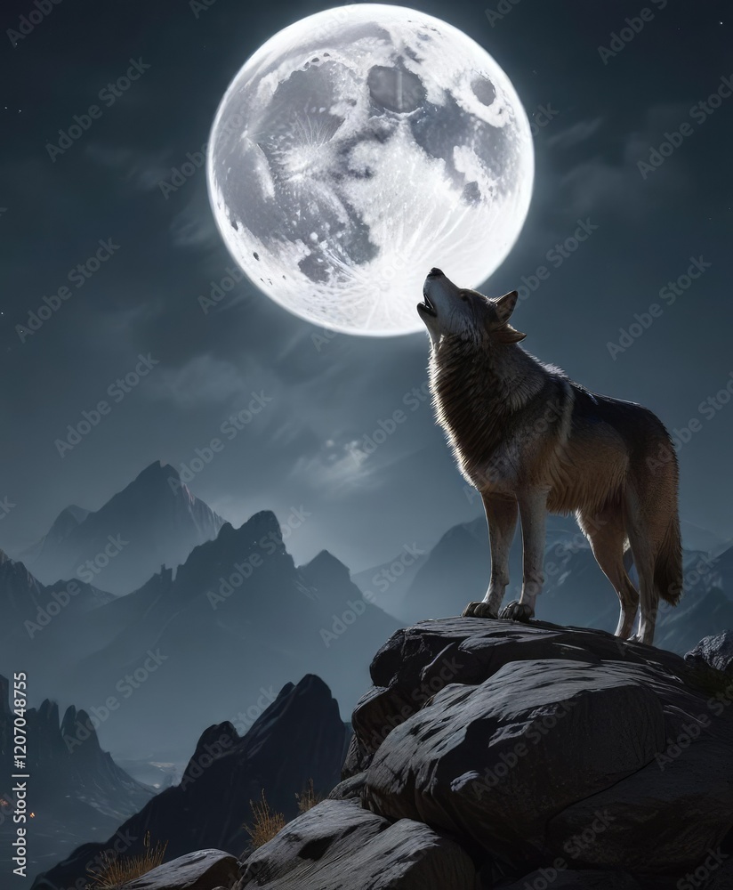A wolf stands on a rocky outcropping, looking out at the full moon rising over the mountains, full moon, wilderness, landscape A wolf stands on a rocky outcropping, looking out at the full moon rising over the mountains, full moon, wilderness, landscape