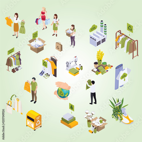 Sustainable clothes slow fashion isometric set with isolated compositions of icons human characters with used goods vector illustration