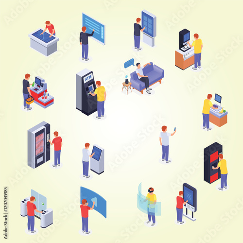 Isometric interfaces icons set with people using self checkout turnstile virtual screen atm smart speaker isolated vector illustration
