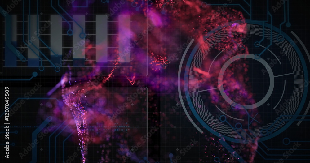 Digital particles forming abstract shapes over futuristic interface with circular elements Digital particles forming abstract shapes over futuristic interface with circular elements