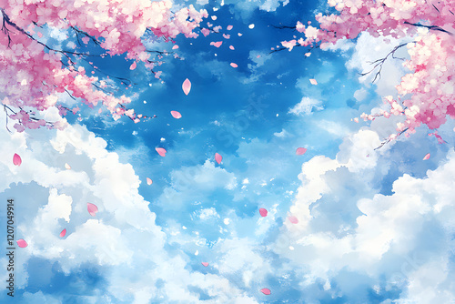 桜の花びらが舞う青空と雲の春景色