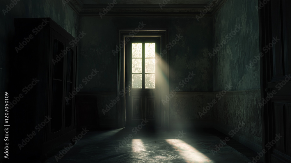 Empty door opened light. Light shining through open door 3D realistic Illustration Empty door opened light. Light shining through open door 3D realistic Illustration