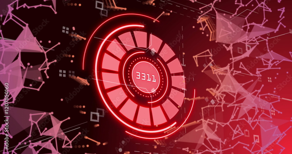 Fototapeta premium Digital counter displaying 1587 with geometric shapes and network connections image