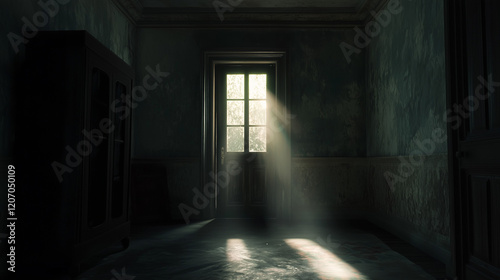 Empty door opened light. Light shining through open door 3D realistic Illustration