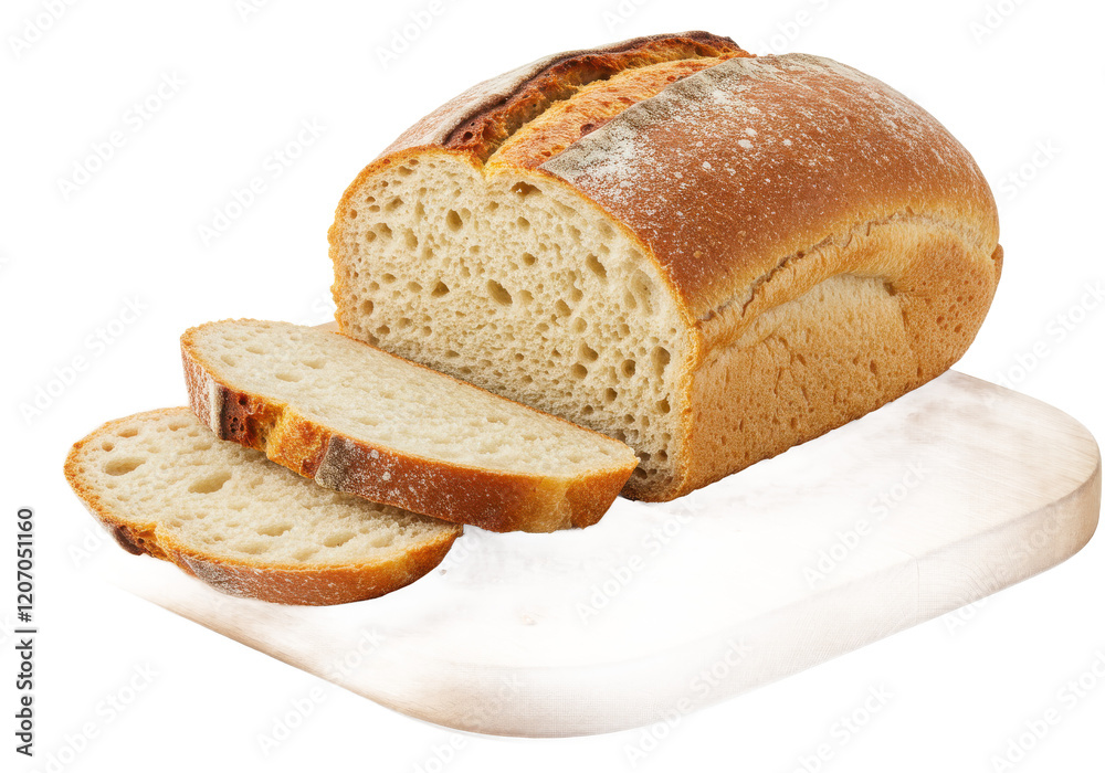 Freshly baked bread loaf with three slices on a wooden cutting board isolated on white background Freshly baked bread loaf with three slices on a wooden cutting board isolated on white background