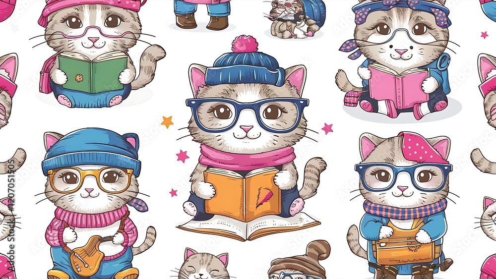 Fototapeta premium Seamless pattern with hipster cute cats for children