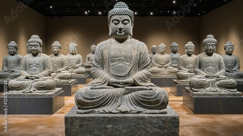 Ancient Buddha statues in museum exhibit