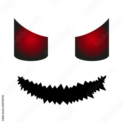 Scary eyes and smile for Halloween characters design. Glowing red gradient eyes for ghosts and pumpkins. Creepy emotions face element. Isolated on white background.