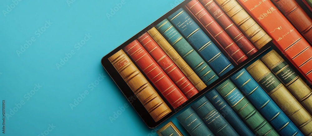 Obraz premium Digital Library: Bookshelf on Tablet, E-reading and Knowledge