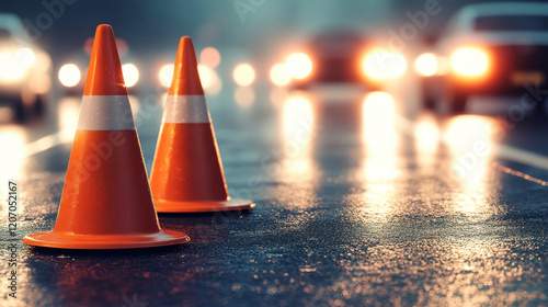 Bright orange traffic cones line a wet asphalt road with blurred car headlights creating a dynamic and engaging backdrop