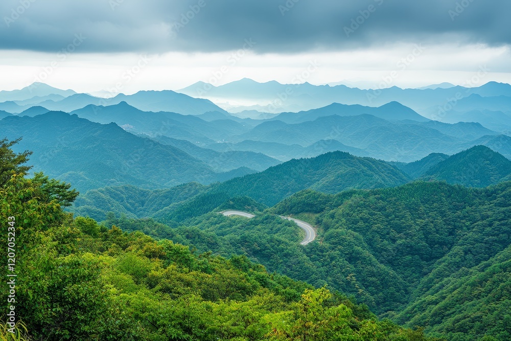 Scenic winding road through lush green mountains under a cloudy sky. Scenic winding road through lush green mountains under a cloudy sky.