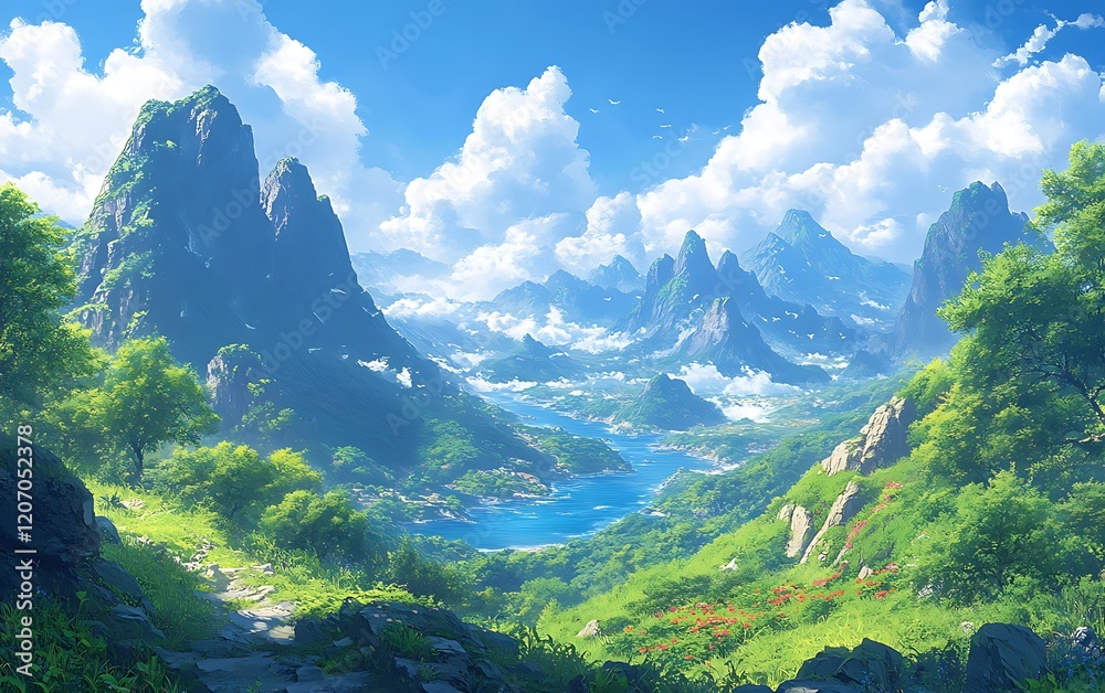 Naklejka premium Aerial View Peaceful Mountain Landscape with Birds and Water