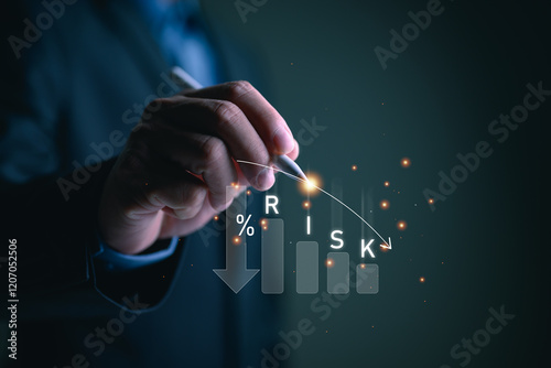 Business, finance, low risk investment, Risk Management, Risk wording on virtual graph down arrow for financial banking risk analysis and management, Low risk low return concept.