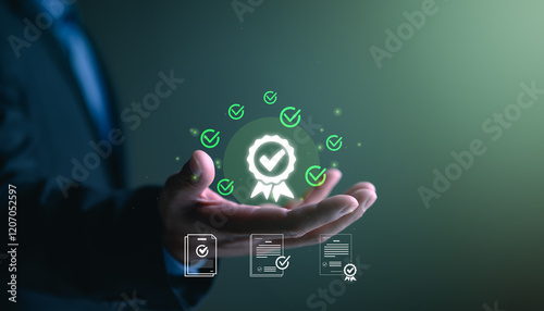 Businessman working with sign of the top service Quality assurance, Guarantee, Standards, ISO certification and standardization concept, Quality management with Quality Assurance and Quality Control. photo