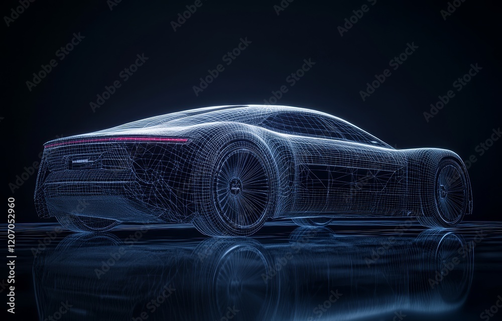 Naklejka premium Wireframe sports car digital model, dark background.