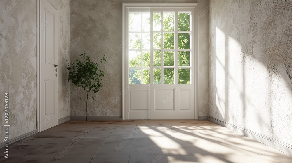 Fototapeta premium Empty door opened light. Light shining through open door 3D realistic Illustration