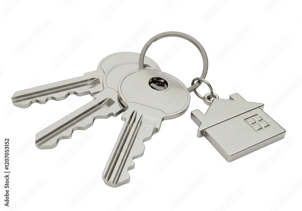 Silver keys with a house-shaped keychain isolated on white background Silver keys with a house-shaped keychain isolated on white background