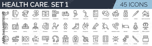 Set of 45 outline icons related to health care. First set. Linear icon collection. Editable stroke. Vector illustration	