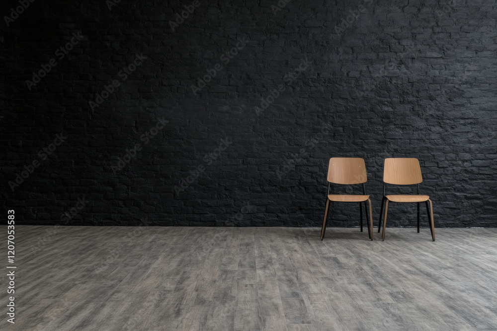 Two wooden chairs are sitting in front of a brick wall Two wooden chairs are sitting in front of a brick wall